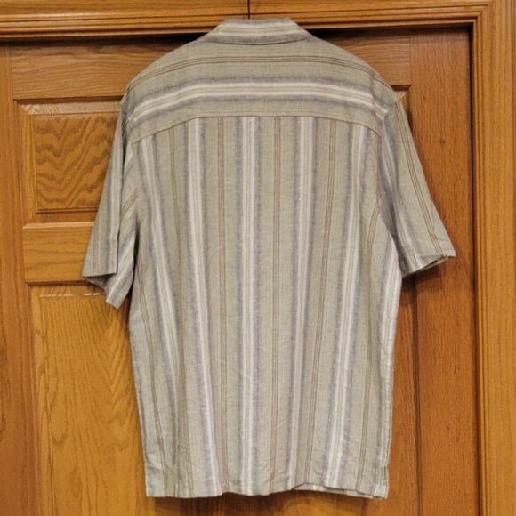 Bruno 100% Washable Linen Short Sleeve Striped Sage Green Button Front Shirt NEW - Picture 3 of 11